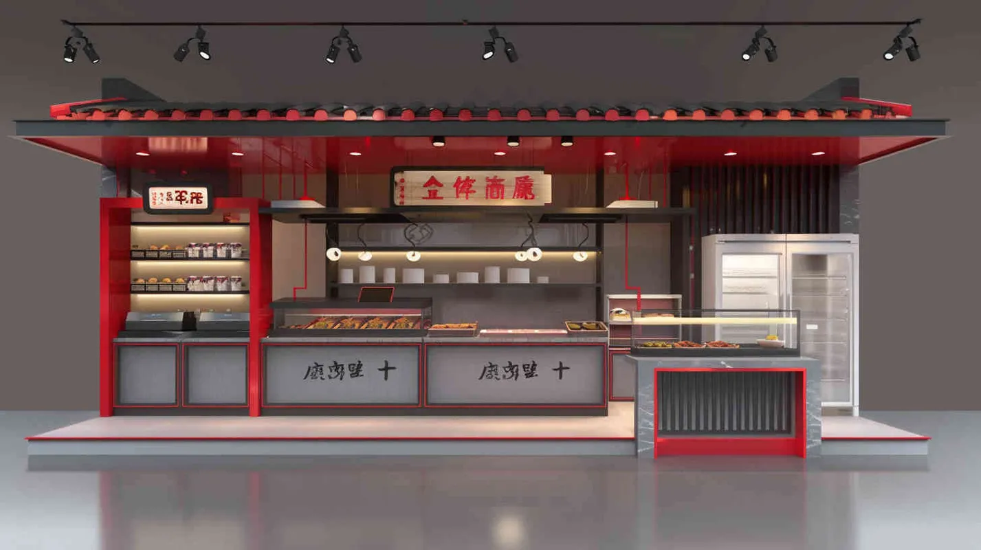 
Midjourney Bot
2024-04-17 23:17:30


设计一个3D美食促销台，有不同视角，有冰箱，有操作台，整体色调红色和灰色搭配，中国风，陈列很高级，有质感，示意标注尺寸 - style2部分