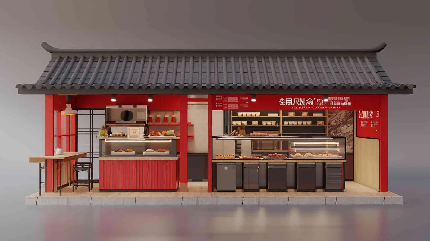 
Midjourney Bot
2024-04-17 23:17:30


设计一个3D美食促销台，有不同视角，有冰箱，有操作台，整体色调红色和灰色搭配，中国风，陈列很高级，有质感，示意标注尺寸 - style4部分