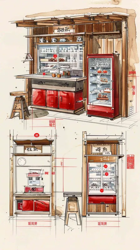 手绘设计一个美食促销台，标注尺寸2×6m，展示4个视角，有冰箱，有操作台，整体色调红色和灰色搭配，中国风，陈列很高级，有质感，示意标注尺寸 - style1部分