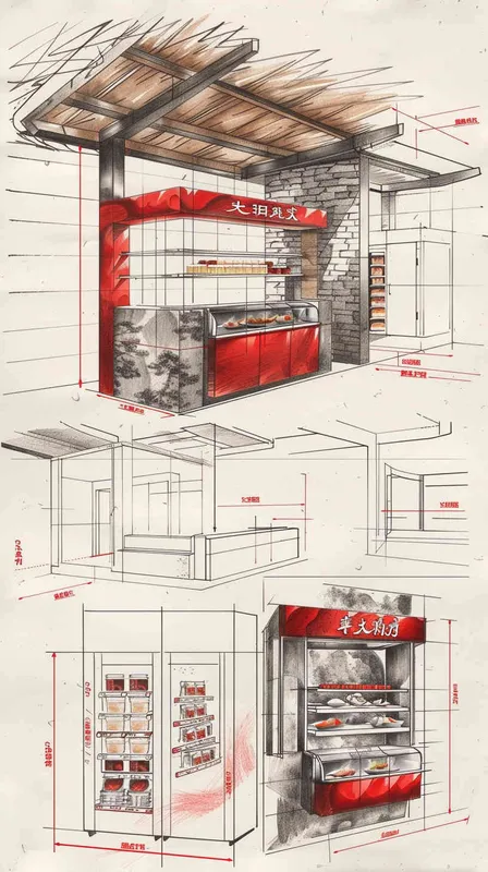 手绘设计一个美食促销台，标注尺寸2×6m，展示4个视角，有冰箱，有操作台，整体色调红色和灰色搭配，中国风，陈列很高级，有质感，示意标注尺寸 - style4部分