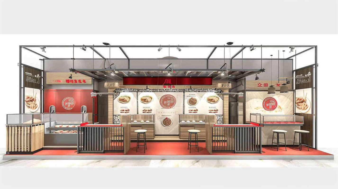手绘设计一个烤鸭美食促销台，面积尺寸2×6m，高3.5m，展示4个视角，有冰箱，有操作台，有烤鸭产品陈列，整体色调红色和灰色搭配，中国风，陈列很高级，有有质感， - style1部分
