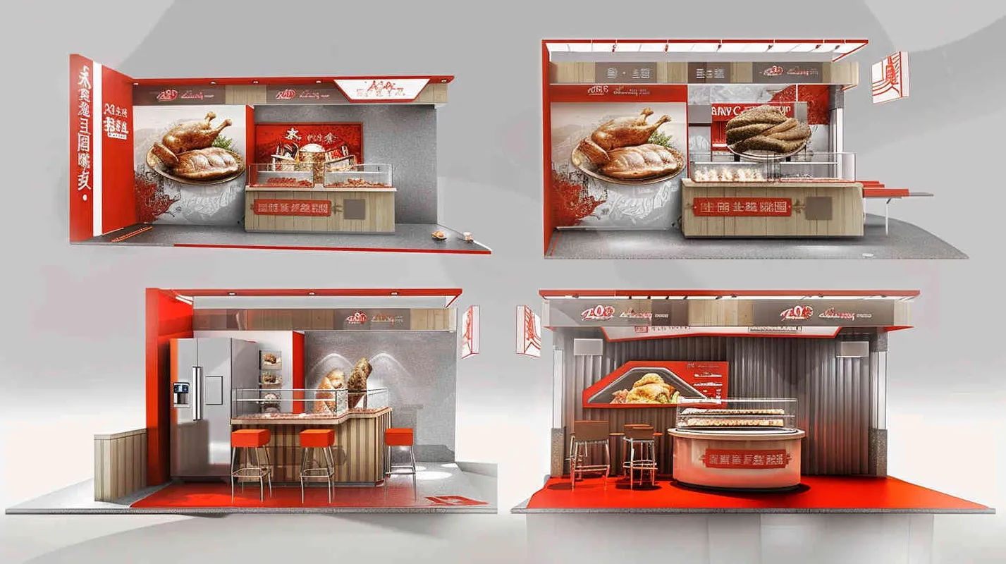 手绘设计一个烤鸭美食促销台，面积尺寸2×6m，高3.5m，展示4个视角，有冰箱，有操作台，有烤鸭产品陈列，整体色调红色和灰色搭配，中国风，陈列很高级，有有质感， - style2部分