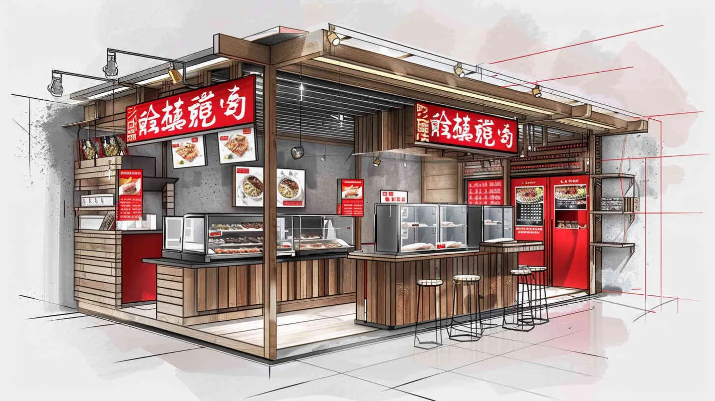 手绘设计一个烤鸭美食促销台，面积尺寸2×6m，高3.5m，展示4个视角，有冰箱，有操作台，有烤鸭产品陈列，整体色调红色和灰色搭配，中国风，陈列很高级，有有质感， - style4部分