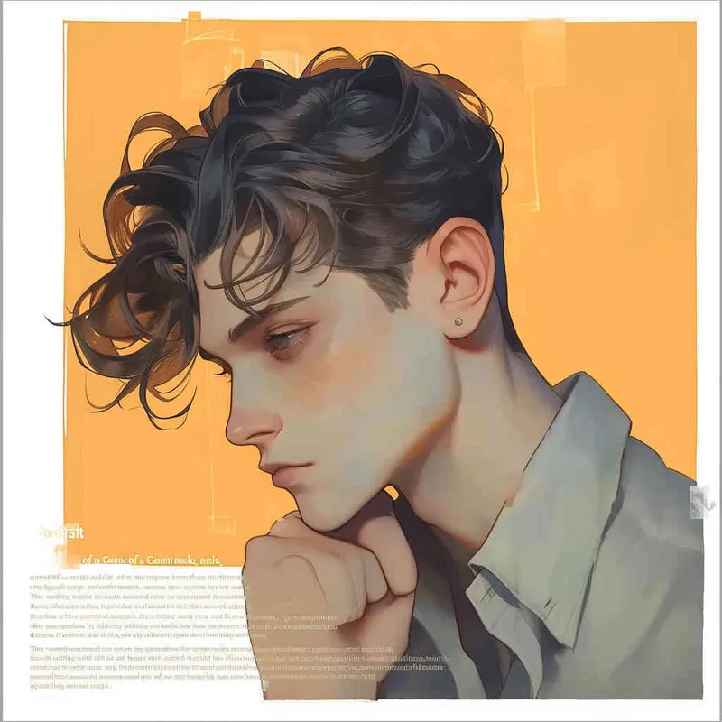 Portrait of Gemini, male, hand supporting chin, head tilted back, illustration style, warm, comfortable, lazy, gentle artistic style, elegant and vulgar, three-dimensional facial features, modern style, male, warm orange background - style1部分
