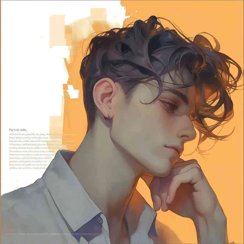 Portrait of Gemini, male, hand supporting chin, head tilted back, illustration style, warm, comfortable, lazy, gentle artistic style, elegant and vulgar, three-dimensional facial features, modern style, male, warm orange background - style4部分