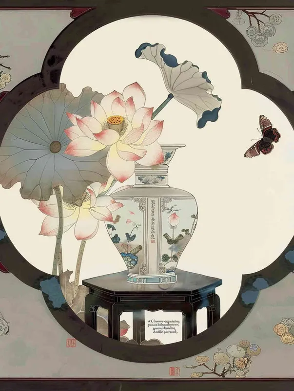 A Chinese meticulous painting, featuring porcelain vases, lotus flowers, tables, window frames, Chinese painting, meticulous brushwork, elegant colors, clear lines, and delicate depictions – AI绘画作品展示 | Midjourney中文版生成