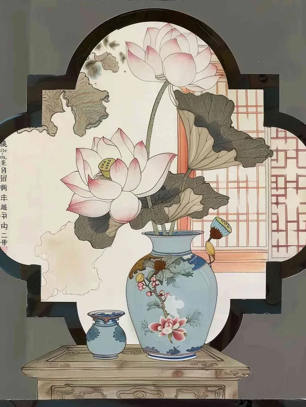 A Chinese meticulous painting, featuring porcelain vases, lotus flowers, tables, window frames, Chinese painting, meticulous brushwork, elegant colors, clear lines, and delicate depictions - style2部分