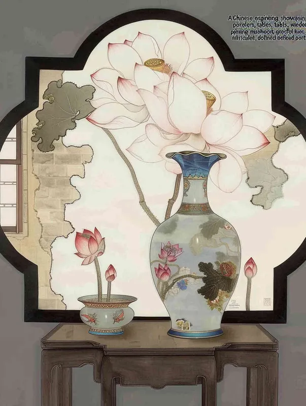 A Chinese meticulous painting, featuring porcelain vases, lotus flowers, tables, window frames, Chinese painting, meticulous brushwork, elegant colors, clear lines, and delicate depictions - style3部分