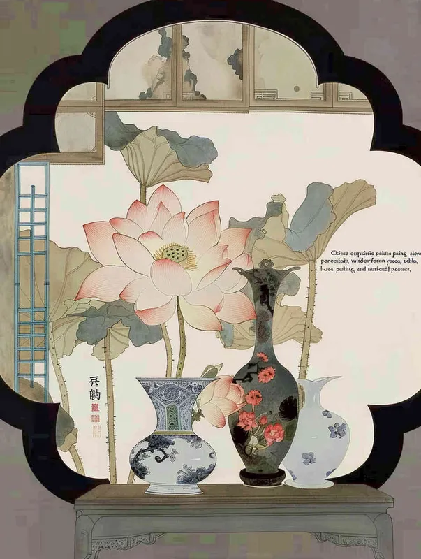 A Chinese meticulous painting, featuring porcelain vases, lotus flowers, tables, window frames, Chinese painting, meticulous brushwork, elegant colors, clear lines, and delicate depictions - style4部分