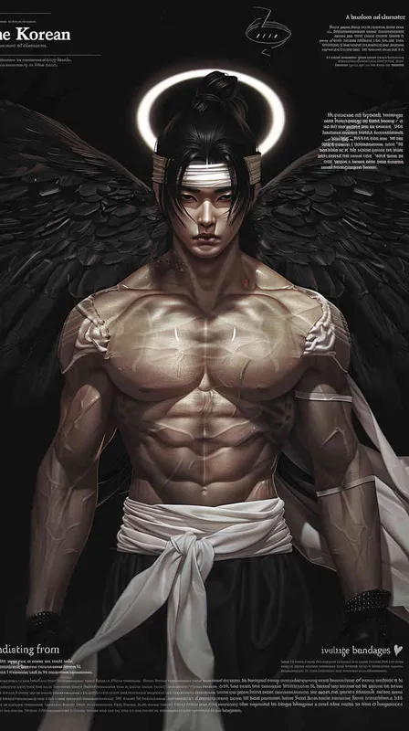 ((韩系帅气男二次元))((美男子))((头顶带着圣母光环))((后面是黑色大翅膀))((全身缠着白色绷带微露胸肌))((正脸正身))((8000k分辨率))((黑暗))((精细脸))((精致画质))((人物要和图片一模一样))((要整体翅膀))((正身))((正脸)) - style1部分