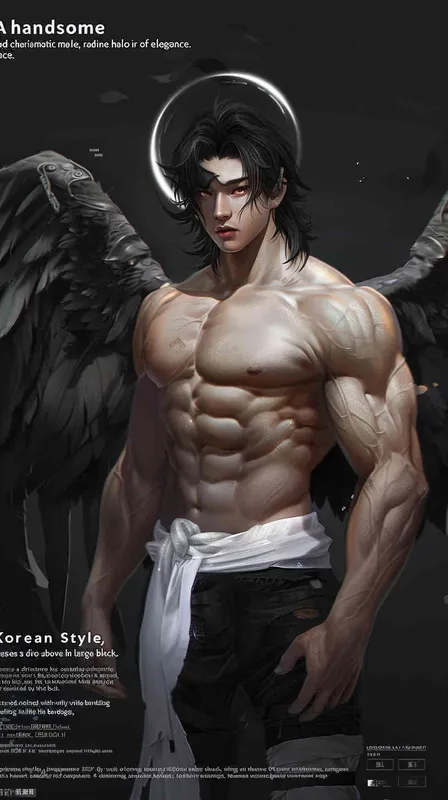 ((韩系帅气男二次元))((美男子))((头顶带着圣母光环))((后面是黑色大翅膀))((全身缠着白色绷带微露胸肌))((正脸正身))((8000k分辨率))((黑暗))((精细脸))((精致画质))((人物要和图片一模一样))((要整体翅膀))((正身))((正脸)) - style4部分