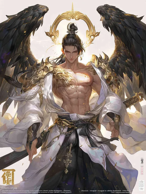 ((韩系帅气男二次元))((美男子))((头顶带着圣母光环))((后面是黑色大翅膀))((全身缠着白色绷带微露胸肌))((正脸正身))((8000k分辨率))((黑暗))((精细脸))((精致画质))((人物要和图片一模一样))((要整体翅膀))((正身))((正脸))((不要古代人)) - style4部分