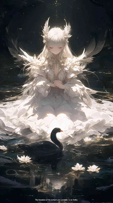all over body,Khaki hair,a girl with long hair tied big white bow,dressed,white ballet costume,sit duck,Holding the wounded black swan in her arms,The background is a black lake,Eyes closed, pious expression – AI绘画作品展示 | Midjourney中文版生成