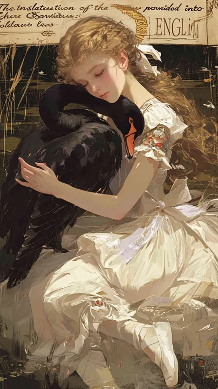all over body,Khaki hair,a girl with long hair tied big white bow,dressed,white ballet costume,sit duck,Holding the wounded black swan in her arms,The background is a black lake,Eyes closed, pious expression - style2部分