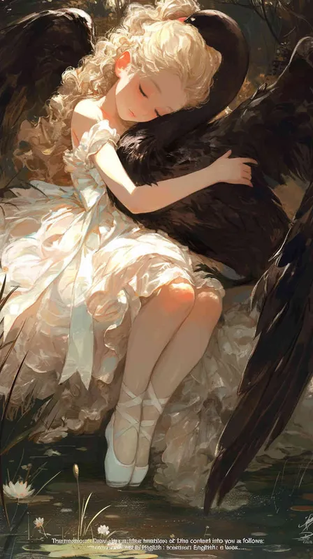 all over body,Khaki hair,a girl with long hair tied big white bow,dressed,white ballet costume,sit duck,Holding the wounded black swan in her arms,The background is a black lake,Eyes closed, pious expression - style3部分