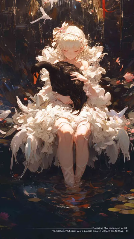 all over body,Khaki hair,a girl with long hair tied big white bow,dressed,white ballet costume,sit duck,Holding the wounded black swan in her arms,The background is a black lake,Eyes closed, pious expression - style4部分