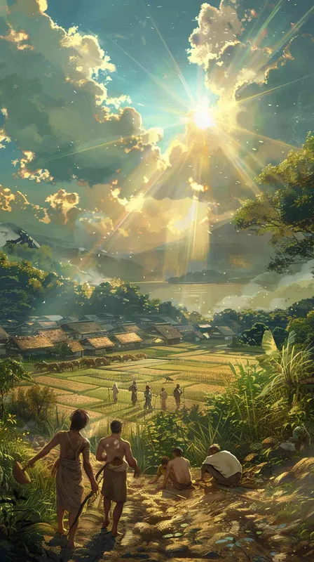 English: The midday sun shines on the farmland, where farmers are stripped to waist, sweating profusely. - AI绘画作品展示 | Midjourney中文版生成