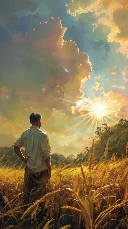 English: The midday sun shines on the farmland, where farmers are stripped to waist, sweating profusely. - AI绘画作品展示 | Midjourney中文版生成