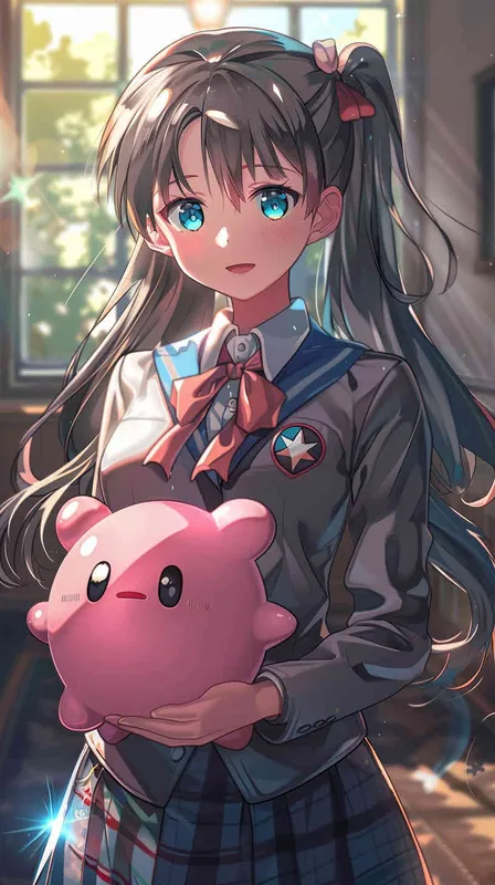 anime style,A Girl in a school uniform, with a wavy ponytail, looks at the camera, with bright aqua eyes and a star Kirby doll in her arms, smiling--niji6 --iw1.2 - style1部分