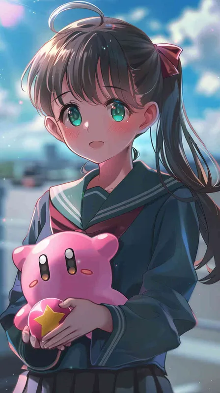anime style,A Girl in a school uniform, with a wavy ponytail, looks at the camera, with bright aqua eyes and a star Kirby doll in her arms, smiling--niji6 --iw1.2 - style2部分