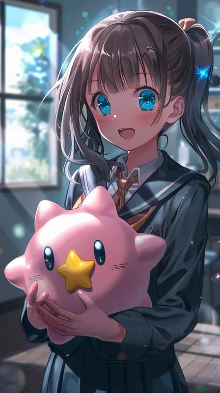 anime style,A Girl in a school uniform, with a wavy ponytail, looks at the camera, with bright aqua eyes and a star Kirby doll in her arms, smiling--niji6 --iw1.2 - style3部分