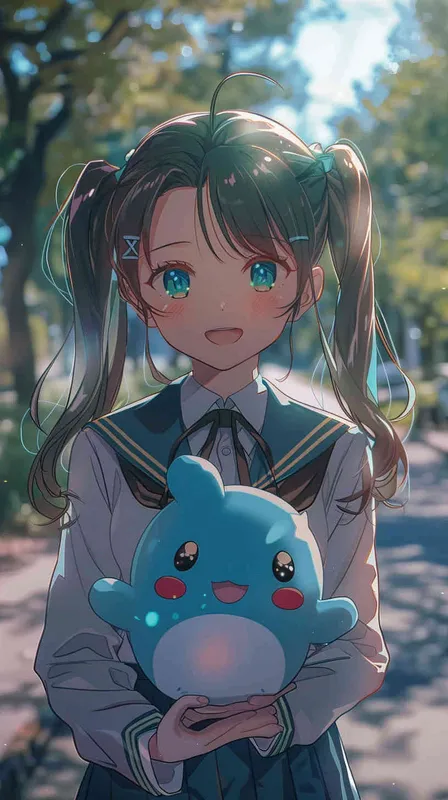 anime style,A Girl in a school uniform, with a wavy ponytail, looks at the camera, with bright aqua eyes and a star Kirby doll in her arms, smiling--niji6 --iw1.2 - style4部分