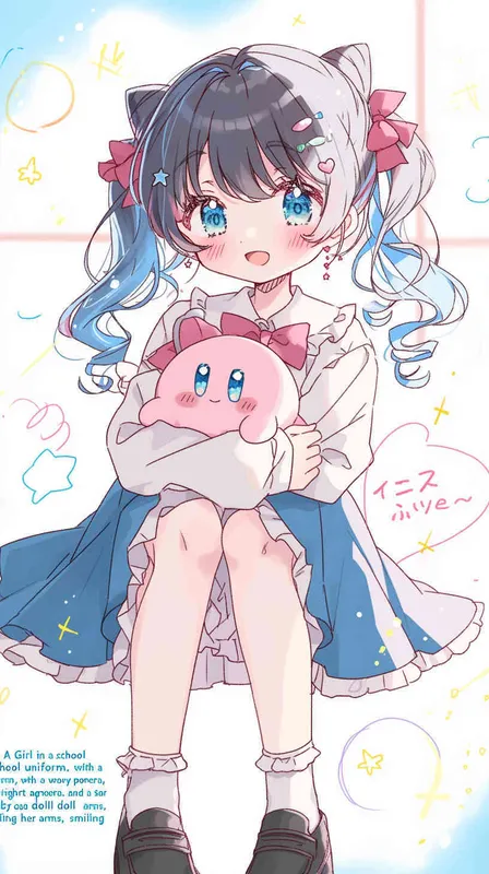 anime style,A Girl in a school uniform, with a wavy ponytail, looks at the camera, with bright aqua eyes and a star Kirby doll in her arms, smiling--niji6 --iw1.2  - AI绘画作品展示 | Midjourney中文版生成