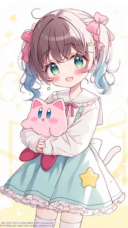 anime style,A Girl in a school uniform, with a wavy ponytail, looks at the camera, with bright aqua eyes and a star Kirby doll in her arms, smiling--niji6 --iw1.2  - AI绘画作品展示 | Midjourney中文版生成
