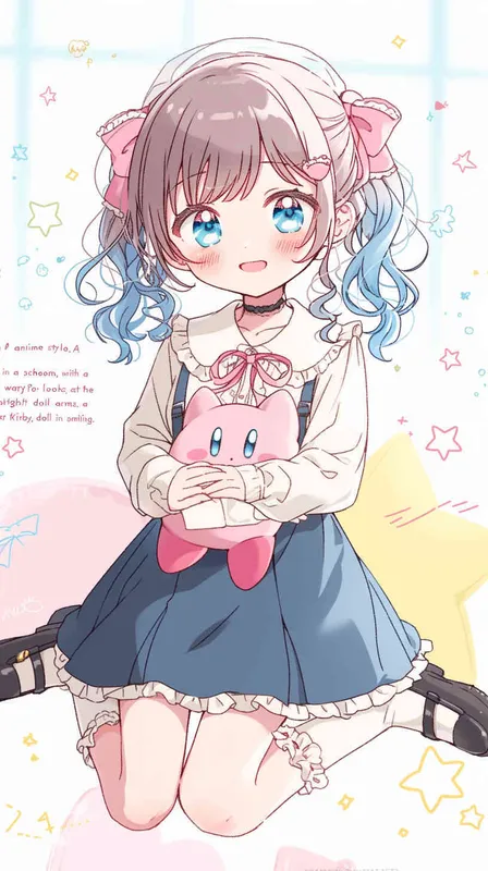 anime style,A Girl in a school uniform, with a wavy ponytail, looks at the camera, with bright aqua eyes and a star Kirby doll in her arms, smiling--niji6 --iw1.2  - AI绘画作品展示 | Midjourney中文版生成