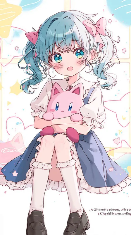 anime style,A Girl in a school uniform, with a wavy ponytail, looks at the camera, with bright aqua eyes and a star Kirby doll in her arms, smiling--niji6 --iw1.2  - style4部分