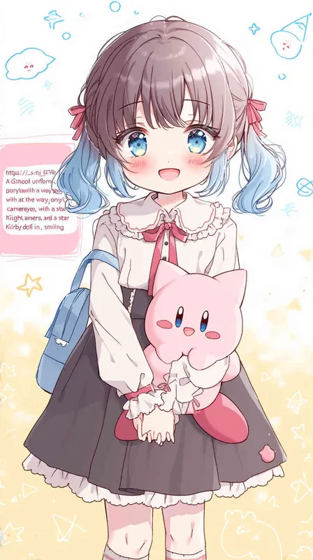 <https://s.mj.run/88j_SF8Kbvo> anime style,A Girl in a school uniform, with a wavy ponytail, looks at the camera, with bright aqua eyes and a star Kirby doll in her arms, smiling ” –ar 9:16 –niji 6 –iw 1.2 – style1部分” class=”wp-image”/>
</figure>


<figure class=