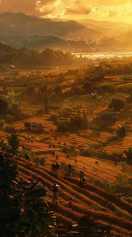 English: The midday sun shines on the farmland, where farmers are stripped to waist, sweating profusely. - AI绘画作品展示 | Midjourney中文版生成