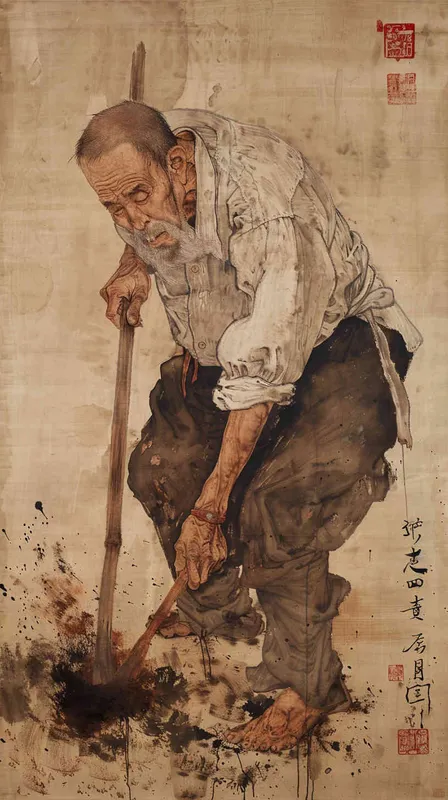 要求是中国农人紧握锄头，正在挥舞之间，滴落的汗珠瞬间融入土壤  – AI绘画作品展示 | Midjourney中文版生成