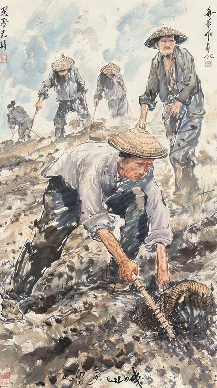 要求是中国农人紧握锄头，正在挥舞之间，滴落的汗珠瞬间融入土壤  - style4部分