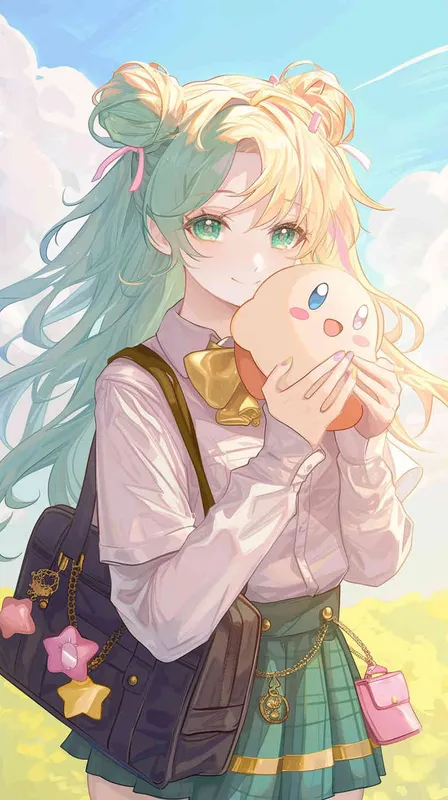 anime style,A Girl in a school uniform, with a wavy ponytail, looks at the camera, with bright aqua eyes and a star Kirby doll in her arms, smiling --ar 9:16 --niji 6 - style1部分