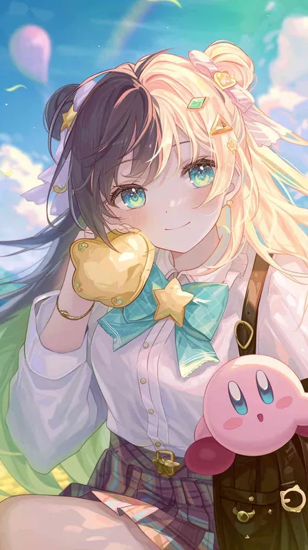 anime style,A Girl in a school uniform, with a wavy ponytail, looks at the camera, with bright aqua eyes and a star Kirby doll in her arms, smiling --ar 9:16 --niji 6 - style2部分