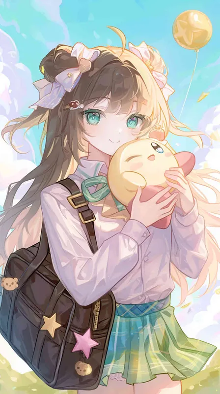 anime style,A Girl in a school uniform, with a wavy ponytail, looks at the camera, with bright aqua eyes and a star Kirby doll in her arms, smiling --ar 9:16 --niji 6 - style3部分