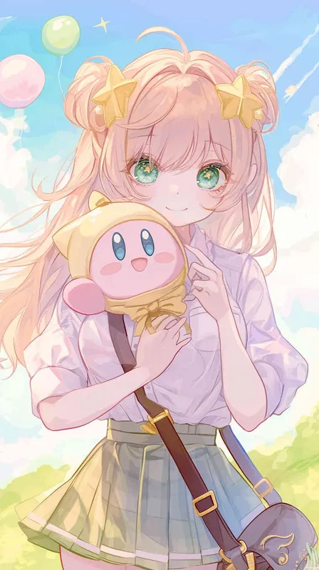 anime chibi style,A Girl in a school uniform, with a wavy ponytail, looks at the camera, with bright aqua eyes and a star Kirby doll in her arms, smiling --ar 9:16 --niji 6 - style1部分