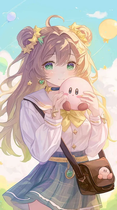 anime chibi style,A Girl in a school uniform, with a wavy ponytail, looks at the camera, with bright aqua eyes and a star Kirby doll in her arms, smiling --ar 9:16 --niji 6 - style2部分