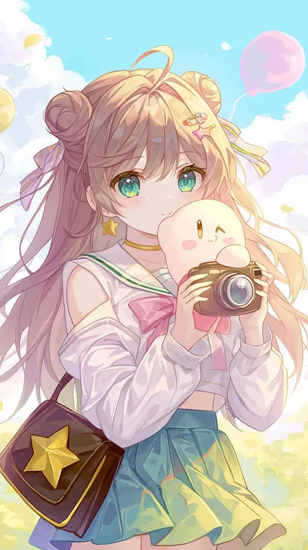 anime chibi style,A Girl in a school uniform, with a wavy ponytail, looks at the camera, with bright aqua eyes and a star Kirby doll in her arms, smiling --ar 9:16 --niji 6 - style3部分