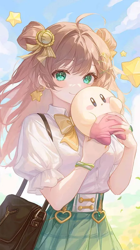 anime chibi style,A Girl in a school uniform, with a wavy ponytail, looks at the camera, with bright aqua eyes and a star Kirby doll in her arms, smiling --ar 9:16 --niji 6 - style4部分
