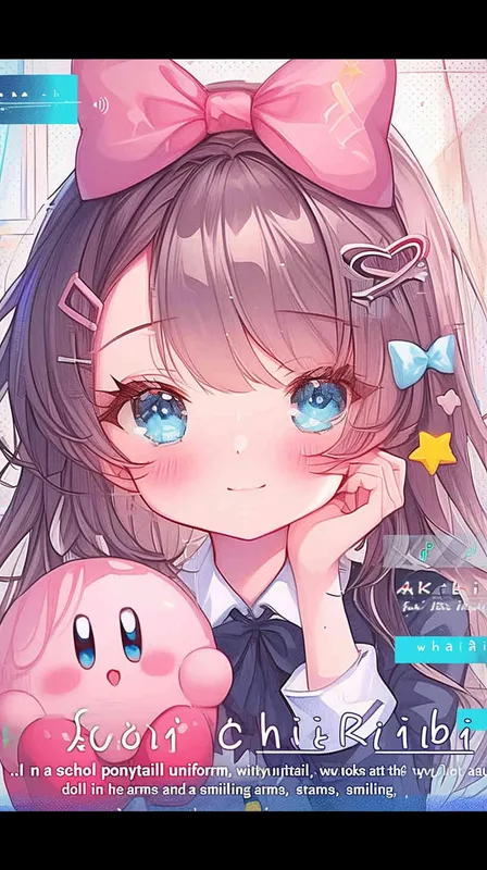 kawaii anime chibi style,A Girl in a school uniform, with a wavy ponytail, looks at the camera, with bright aqua eyes and a star Kirby doll in her arms, smiling --ar 9:16 --niji 6  - style1部分