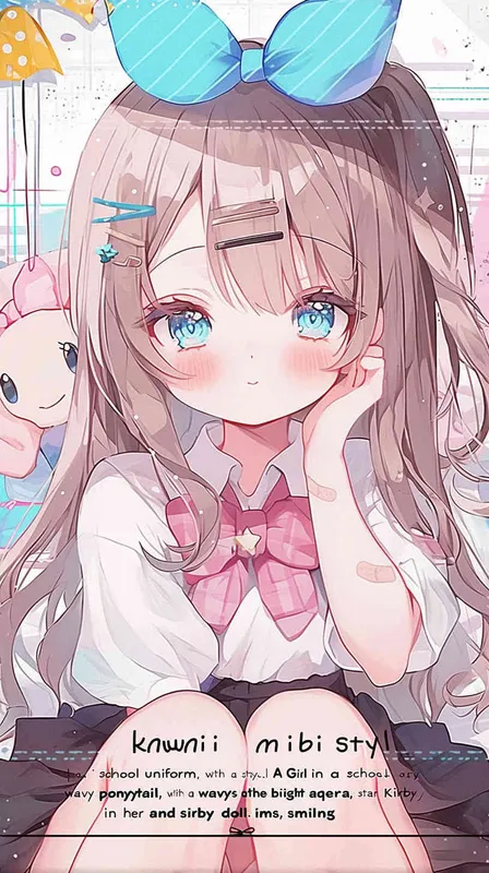kawaii anime chibi style,A Girl in a school uniform, with a wavy ponytail, looks at the camera, with bright aqua eyes and a star Kirby doll in her arms, smiling --ar 9:16 --niji 6  - style2部分