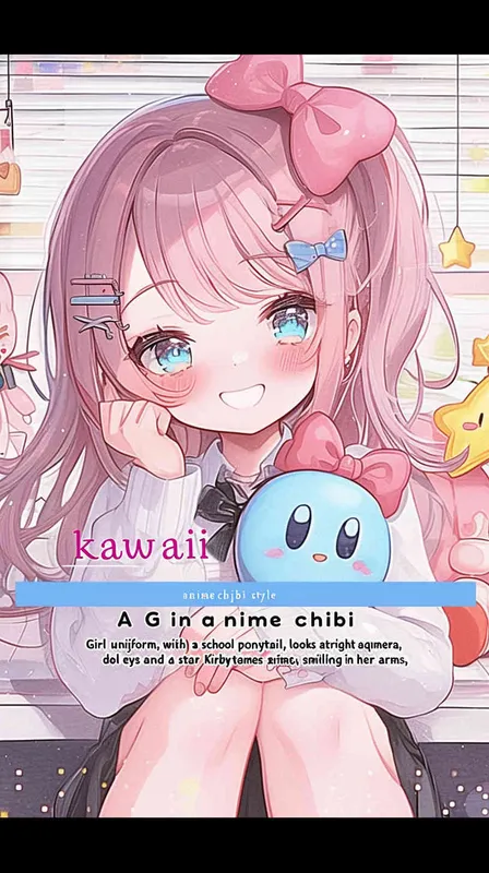 kawaii anime chibi style,A Girl in a school uniform, with a wavy ponytail, looks at the camera, with bright aqua eyes and a star Kirby doll in her arms, smiling --ar 9:16 --niji 6  - style3部分