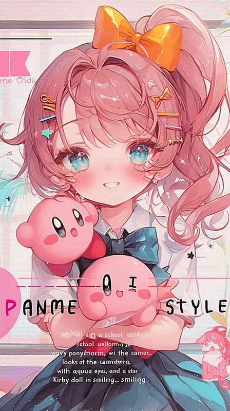 kawaii anime chibi style,A Girl in a school uniform, with a wavy ponytail, looks at the camera, with bright aqua eyes and a star Kirby doll in her arms, smiling --ar 9:16 --niji 6  - style4部分