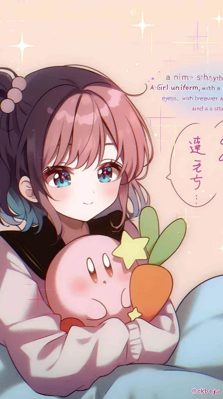 anime chibi style,A Girl in a school uniform, with a wavy ponytail, looks at the camera, with bright aqua eyes and a star Kirby doll in her arms, smiling --ar 9:16 --niji 6  - style1部分