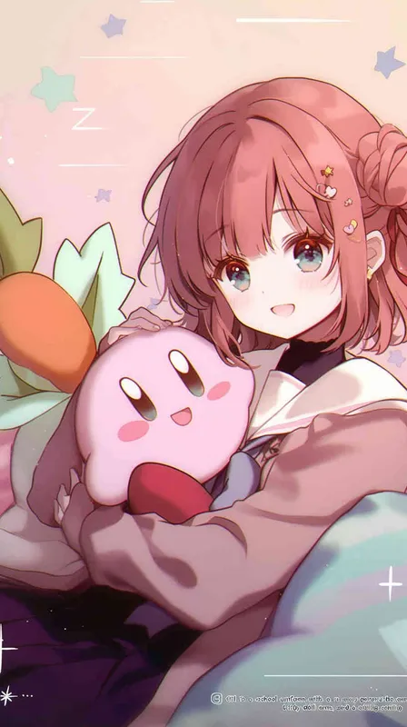 anime chibi style,A Girl in a school uniform, with a wavy ponytail, looks at the camera, with bright aqua eyes and a star Kirby doll in her arms, smiling --ar 9:16 --niji 6  - style2部分