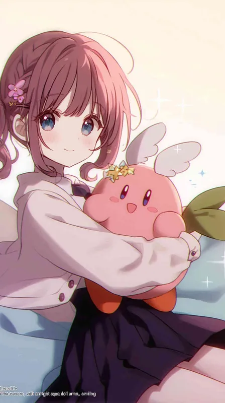 anime chibi style,A Girl in a school uniform, with a wavy ponytail, looks at the camera, with bright aqua eyes and a star Kirby doll in her arms, smiling --ar 9:16 --niji 6  - style3部分
