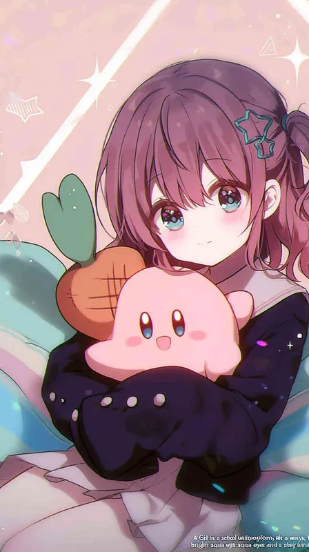 anime chibi style,A Girl in a school uniform, with a wavy ponytail, looks at the camera, with bright aqua eyes and a star Kirby doll in her arms, smiling --ar 9:16 --niji 6  - style4部分