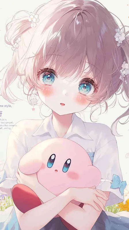 anime style,A Girl in a school uniform, with a wavy ponytail, looks at the camera, with bright aqua eyes and a star Kirby doll in her arms, smiling  – AI绘画作品展示 | Midjourney中文版生成